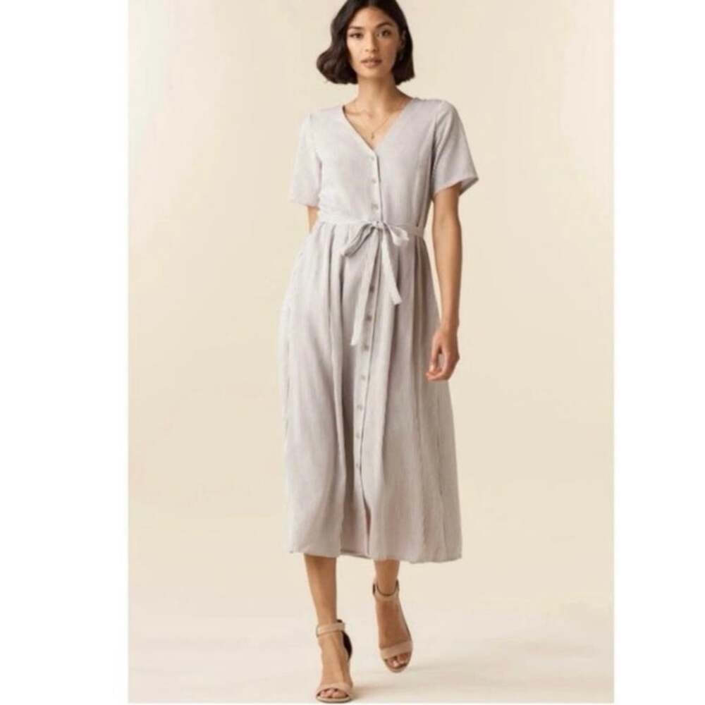 VETTA Button Front Midi Shirt Dress Taupe Stripe Capsule Wardrobe Reversible